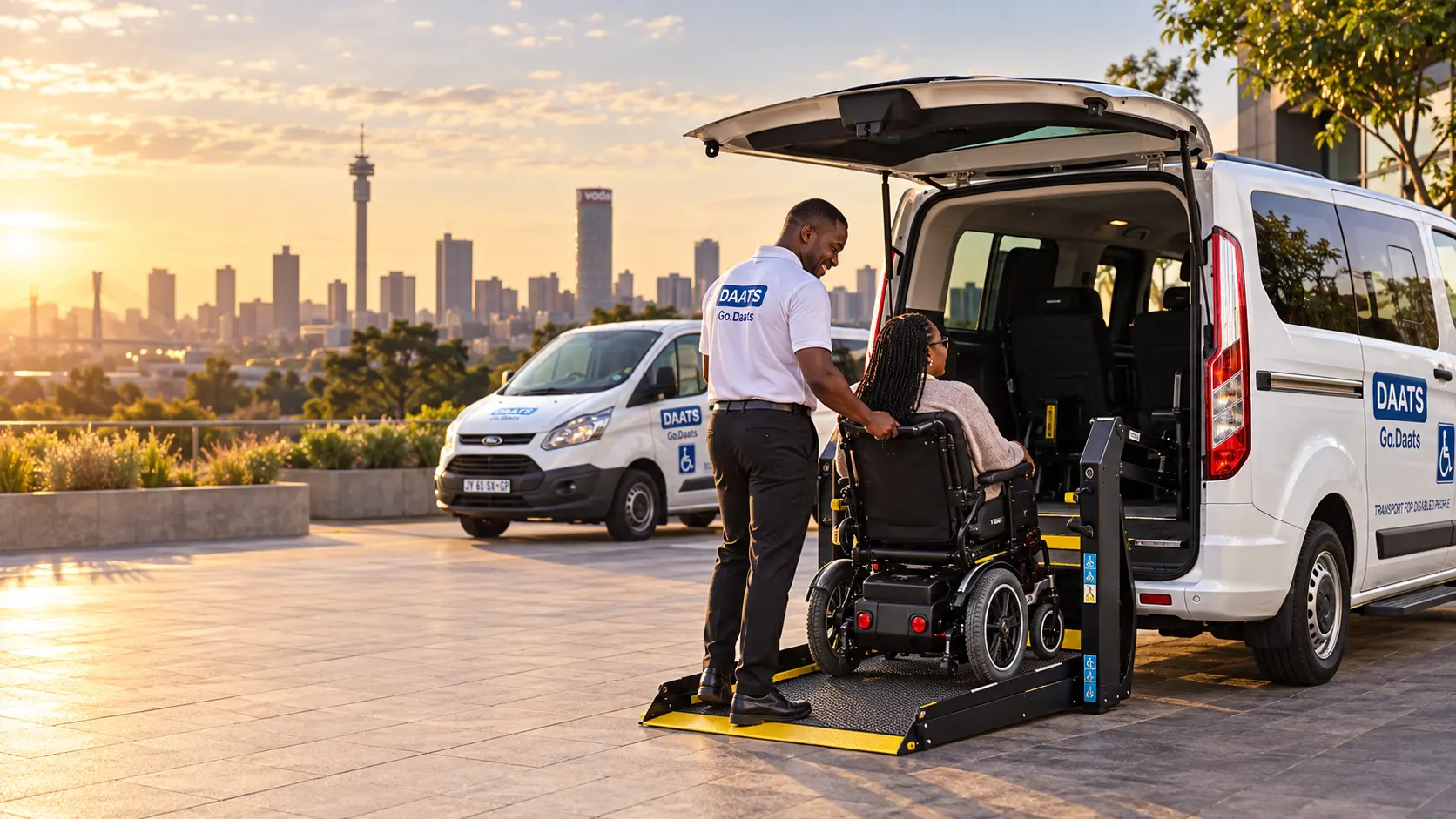A DAATS accessible vehicle with its rear ramp ready for boarding